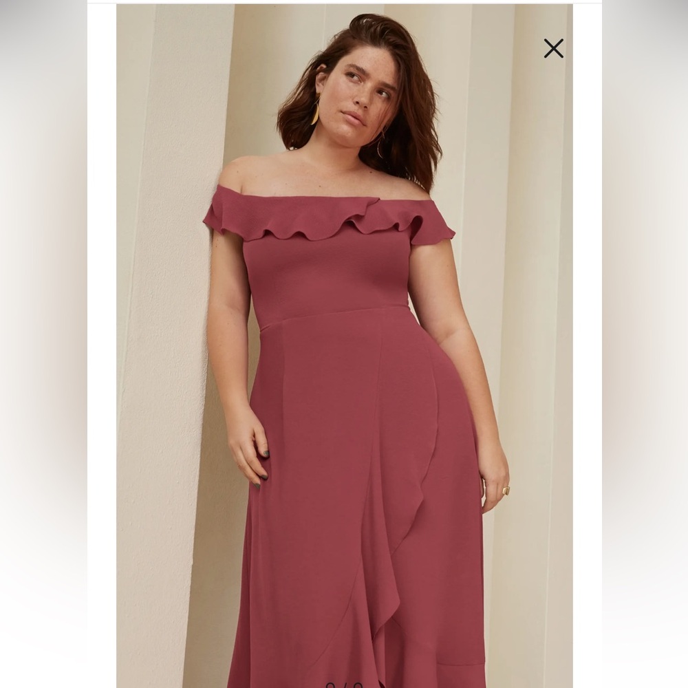 City Chic Off the Shoulder Ruffle High Low Dress in Dusty Rose Mauve Pink